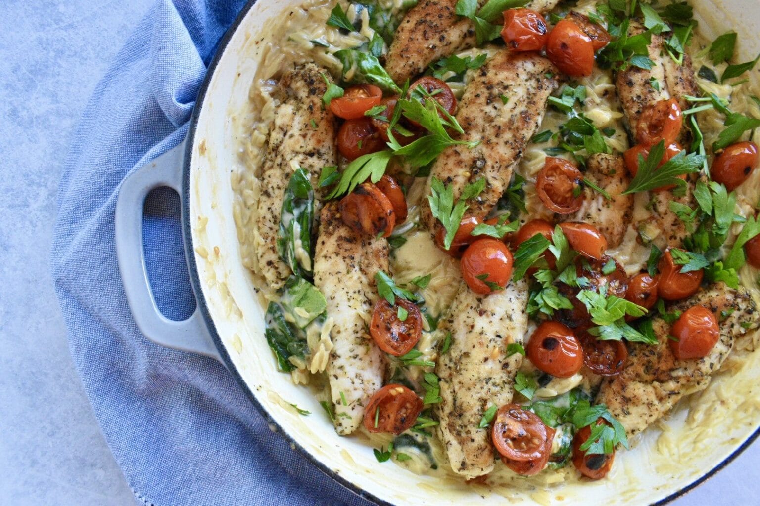 Creamy Risoni With Chicken, Cherry Tomatoes & Spinach - Wholesome by Sarah