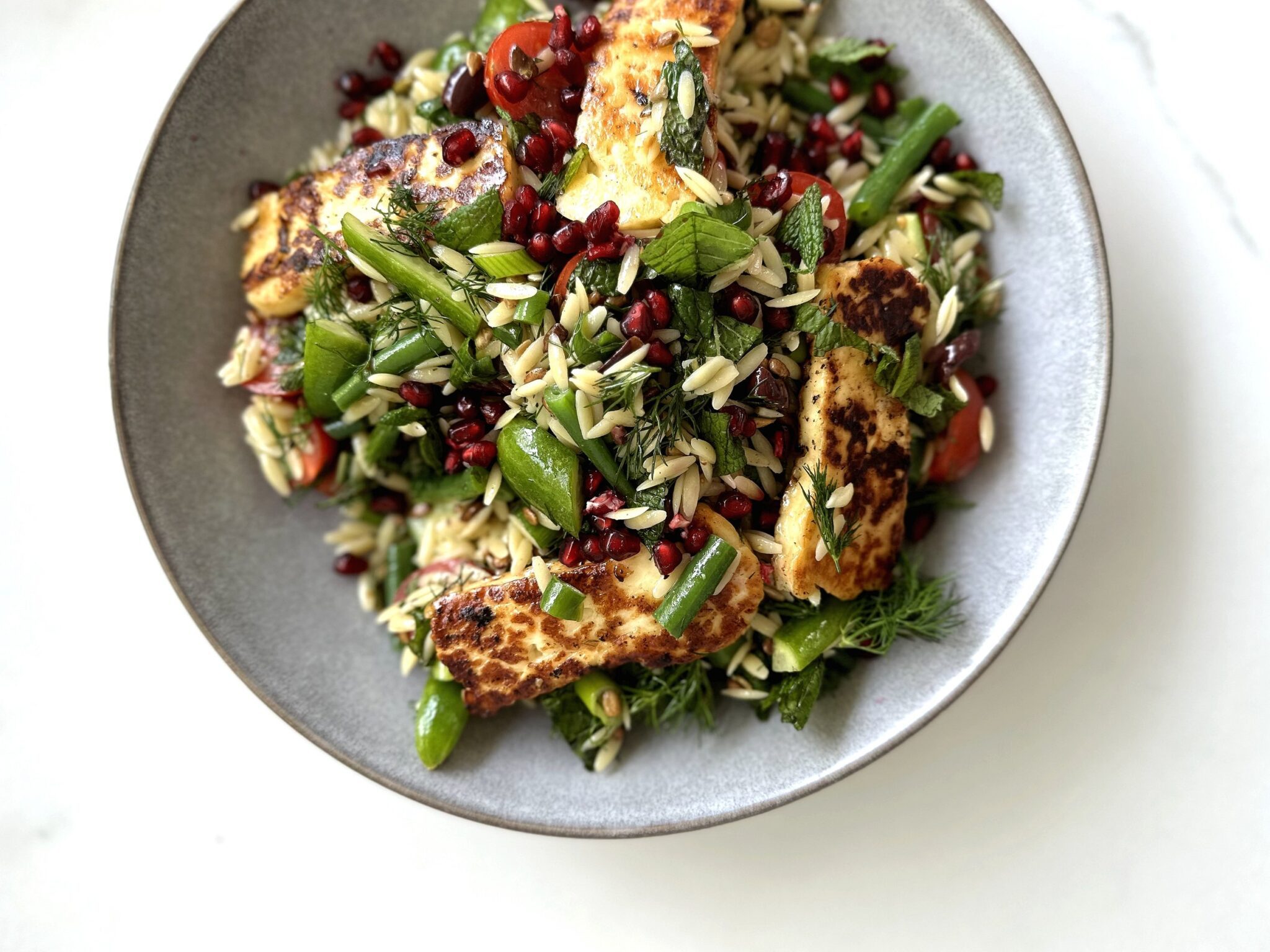 Risoni, Green Bean & Golden Halloumi Salad - Wholesome by Sarah